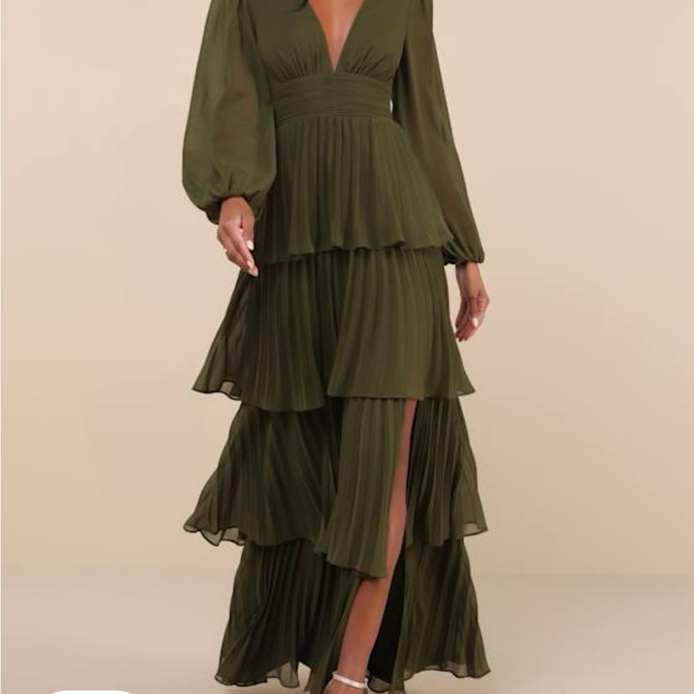 Lulu's Olive Tiered Pleated Maxi Dress with Bishop Sleeves